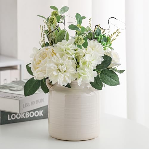Ceramic Rustic Distressed White Flower Vase for Centerpieces, Kitchen, Office or Living Room (5.9''x6.3”) - color: White, size: 5.9''x 6.3”