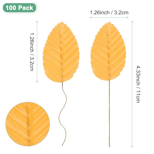 M METERXITY 100-Pack Artificial Silk Leaf, Faux Wire Single Leaves, Fake Flower Leaf with Stem for DIY Bouquet/Wreaths/Wedding/Garland/Party Decorations, Fake Rose Craft Leaves [Orange] - color: Orange