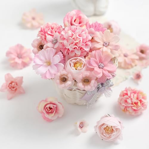 rongflower Faux Flower Heads Mini Pink Artificial Flower Heads Fake Peony Daisy Rose Flowers Multicolor Small Silk Daisy Flower Heads for Craft Garland Wedding Party DIY Home Decoration,2-4 cm - color: Pink