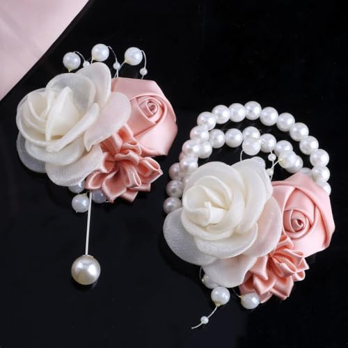 Wedding Prom Party Satin Rose Wrist Corsage Flower, 2Pcs Boutonniere and Wrist Corsage Wristband Roses Prom Flower Wedding Flowers Accessories Prom Suit Decorations (Pink) - color: Pink