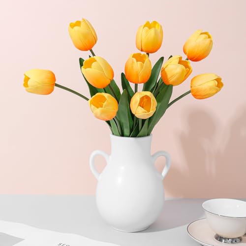 Tangerine Fake Tulips,18.5" PU Artificial Tulips Flowers for Spring Easter Home Kitchen Wedding Bouquet Bulk Mother's Gift Day Decorations - color: Tangerine