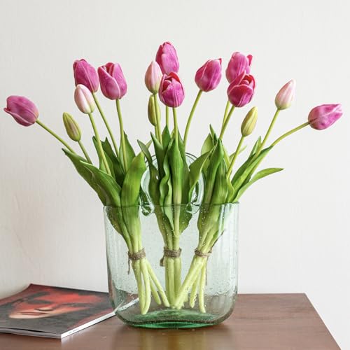DUYONE 15pcs Artificial Tulips Flowers, Soft Touch Latex Bouquet, Fake Tulips for Office Wedding Party Home Kitchen Garden Decoration - color: 15pcs Peachblow (No Vase)