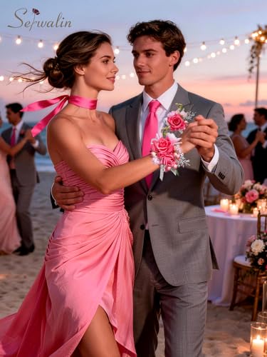 Serwalin Hot Pink Corsage and Boutonniere Set, Artificial Silk Rose Wrist Corsage Wristlet and Boutonniere Set for Prom, Homecoming, Wedding, Anniversary Party Prom Suit Dress Flower Accessories - color: Hot Pink, size: 1 Boutonniere & 1 Wrist Corsage - 2