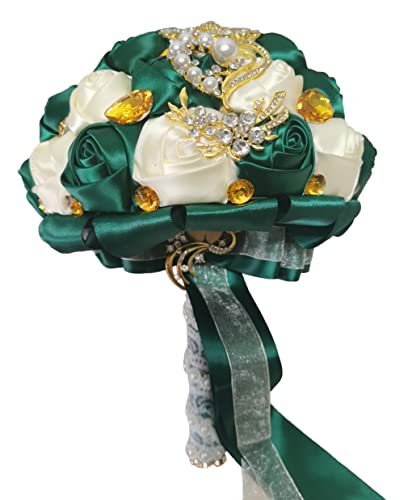 Handmade Wedding Bouquets for Bride Bridesmaid Brooch Artificial Holding Flower Tossing Bouquet（White/Dark Green,21cm,1PC - color: Ivory/Dark Green, size: 21CM/8.3''