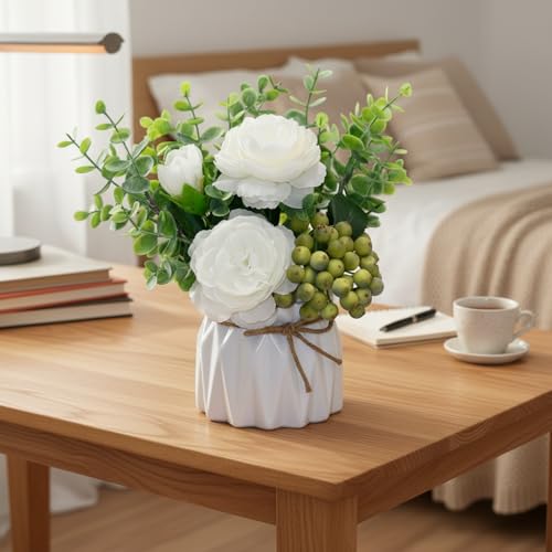 LADADA White Artificial Flowers with White Vase for Table Centerpiece Home Decor - color: White Rose
