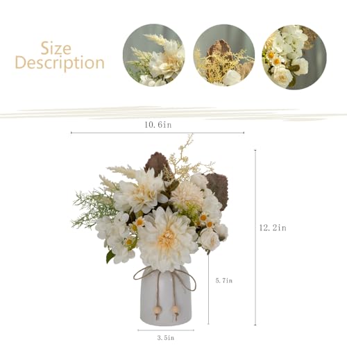 Fake Flowers with Vase Silk Dahlia Artificial Flowers in Vase Faux Hydrangea Flowers Arrangements with Vase for Home Office Decoration Dining Table Centerpiece (White) - color: White