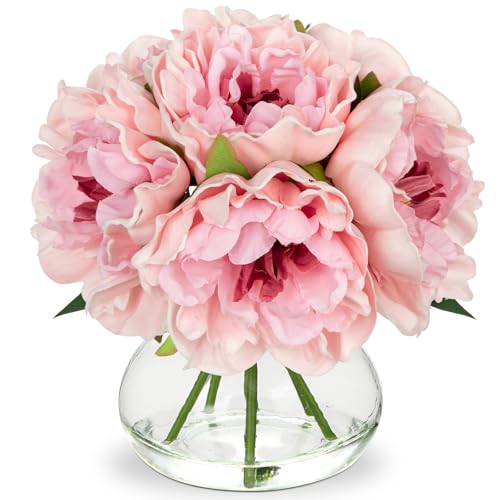 Hollyone Light Pink Peonies Artificial Flowers with Vase Faux Flowers Peony Fake Flowers Silk Flower Arrangements in Glass Vase with Faux Water for Bathroom Table Centerpiece Shelf Home Decor - color: Peony, Light Pink