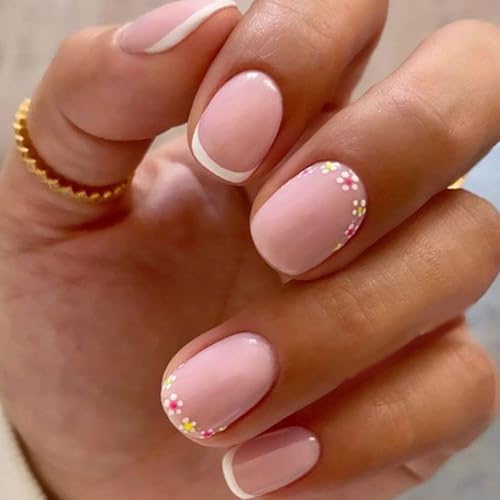 Flower Press on Nails Short Square Fake Nails Nude Pink False Nails with Flowers Border Designs Glossy Stick on Nails Glue on Nails Flower Nails Acrylic Nails for Women Girls 24 Pcs - color: Flower Square19