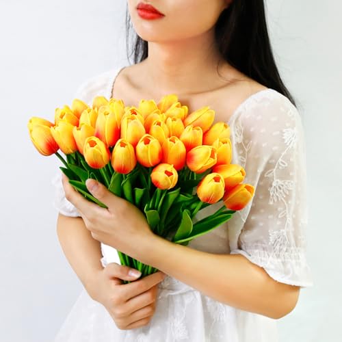 36 Pcs Tulips Artificial Flowers, 13 Inches Real Touch PU Fake Tulips for Wedding Bouquets, Home Decor - color: Orange