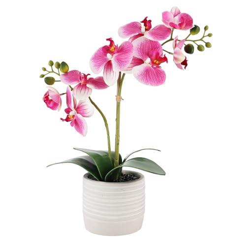Orchid Artificial Flowers 15" Purple Fake Orchid Flowers in White Ceramic Pot for Home Decor Office Bathroom Table Centerpiece Indoor (Purple) - color: Purple-white