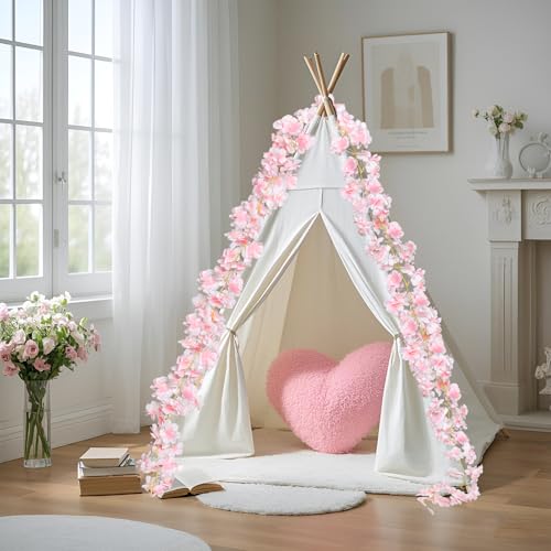 4pcs 23.6 ft Artificial Cherry Blossoms Garland Pink Fake Vines Hanging Silk Cherry Blossom Sakura Vine for Outdoor Wedding Party Home Decor