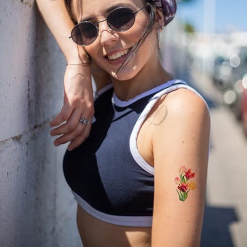 12 Sheets Black & White Watercolor Tulip Temporary Tattoos, Single Stem Bouquet Bud Bloom Pose with Leaves, Fresh Ins Forest Core Style, for Spring Picnic Travel