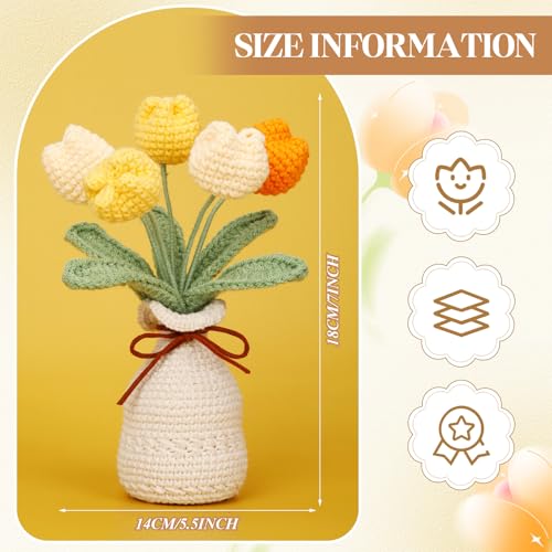 Marsui Crochet Knitting Tulip Bouquet with Vase 7" Knitted Artificial Forever Tulip Handmade Woven Flower with Exquisite Pot Gift for Father's Gifts Back to School Gift Family Home Desk Decor(Yellow) - color: Yellow, style: Tulip