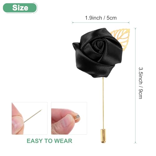 M METERXITY 1-Pack Flower Lapel Pins for Men, Golden Leaf Rose Boutonnieres Pin Groom Boutonnieres for Wedding/Dance/Party, Men Lapel Pins for Suits Satin Flower Corsage [Black] - color: Black