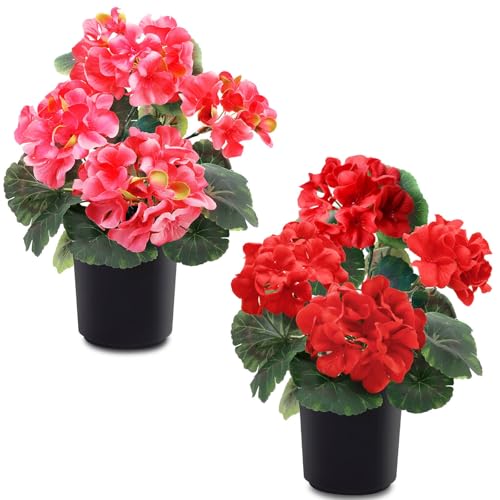TURNMEON 2 Pack Artificial Geraniums Fake Flowers for Outdoors Summer Decoration, Silk Geraniums Flowers UV Resistant Faux Flower Potted Plants for Gardens Farmhouse Indoor Home Table Decor (Mixed) - color: Red and Rose Red