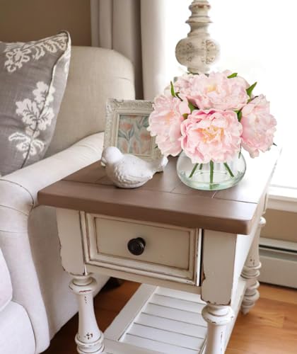 Hollyone Pink Peonies Artificial Flowers with Vase Faux Flowers Peony Fake Flowers Silk Flower Arrangements in Glass Vase with Faux Water for Home Decor Bathroom Table Centerpiece Shelf Decorations - color: Peony, Pink