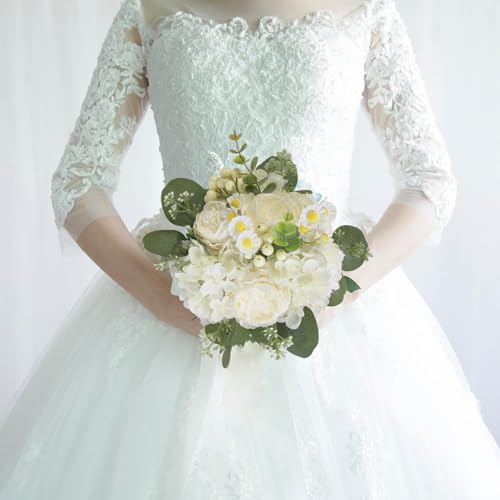 9in Artificial Bridal Bouquet - White Roses Fake Flowers with Eucalyptus/Daisy ，Wedding Photography Props, Bridesmaid Bouquet，Realistic Silk Material (Set of 2 Bridesmaid Bouquets)