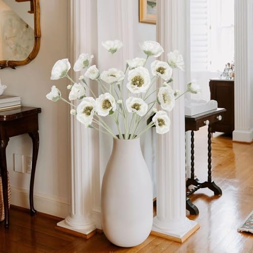6PCS White Poppy Artificial Flowers 30 Heads Faux Poppy Flowers 26.77in Silk Flowers with Long Flocking Stems for Wedding Party Home Office Decoration(White) - color: White