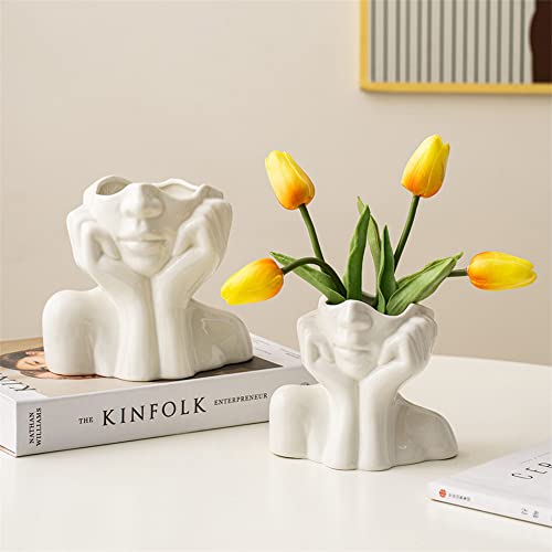 Large Ceramic Face Vase, White Flower Vases for Decor Female Form Head Half Body Vase Boho Unique Decorative Modern Style for Home Living Room Office Book Shelf (Large) - color: A(large)