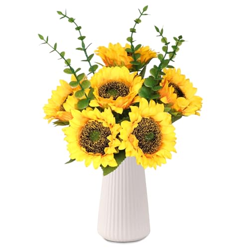 Artificial Flowers with Ceramic Vase, Silk Sunflower Fake Flowers in Vase for Home Office Decoration, 15'' Floral Arrangements for Dining Table Centerpiece, Bathroom, Wedding Decor