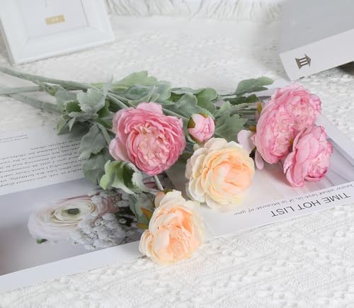 IPOPU Artificial Peonies 6pcs Ranunculus Silk Flowers 18Heads Pink Flowers Combo Champagne Fake Flowers 20.47" Faux Floral Arrangements Wedding Decorations for Home Kitchen (Champagne&Pink) - color: Champagne Pink