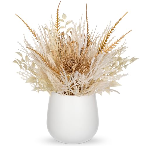 Hollyone Faux Pampas Grass with Vase, Artificial Pampas Grass Flowers Bouquet Plant Fluffy Boho Home Decor Fake Pompass Pompous Grass Floral Arrangement for Wedding Party Table Room Decorations White - color: White