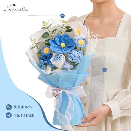 Serwalin Crochet Flower Bouquet, Blue Knitted Flowers,Roses Crochet Flowers for Valentine Day Lover Wedding Anniversary Birthday Mother’s Day Back-to-School or Graduation Ceremonies Gift (with Card) - color: Blue