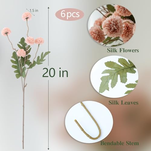 mizii 6Pcs Pink Fake Silk Pompon Mum Artificial Flowers Bulk Small Faux Chrysanthemums with Stems Realistic Floral Decorations for Wedding DIY Bouquet Centerpieces Shower Vase Home Decor (Light Pink) - color: Light Pink
