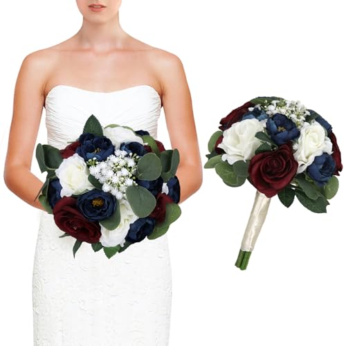 Wedding Bouquets for Bride, 11 Inch Bridesmaids Bouquets Artificial Flower Bouquets for Wedding Ceremony Bridal Shower Decorations - Burgundy & Navy Blue - color: Burgundy & Navy Blue