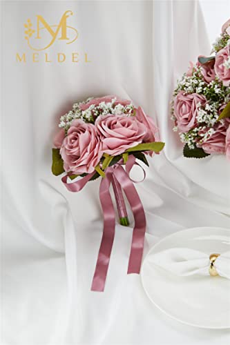 Bridesmaid Bouquet Set of 2 - Small 6.5 Inch Wedding Bouquets for Bridesmaids, Rose Artificial Flowers, Floral Centerpieces - color: 18020-bean-paste-purple-2pcs