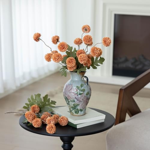 mizii 6Pcs Orange Fake Silk Pompon Mum Artificial Flowers Bulk Small Faux Chrysanthemums with Stems Floral Decorations for Wedding DIY Bouquet Centerpieces Shower Vase Home Decor (Burnt Orange) - color: Burnt Orange