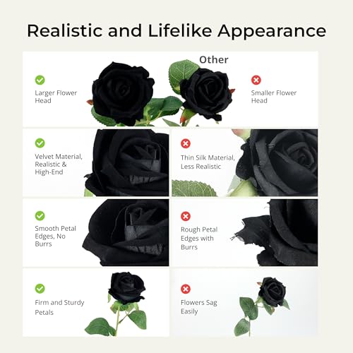 Auihiay 14PCS Black Artificial Roses, Velvet Silk Roses Bouquet with Long Stems for Valentine's Day, Gothic Wedding, Halloween Decor, Home & Event Arrangement - color: Black
