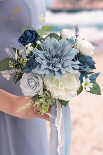 TINGE TIME 7inch Wedding Bouquets for Bridesmaid, Artificial Flowers Cascading Bridal Bouquet for Wedding (DarkBlue, Set of 4) - color: Darkblue