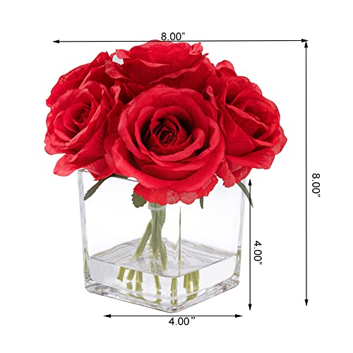 Red Roses Silk Flowers in Vase with Fake Water, Artificial Rose with Vase for Home Decor Indoor, Wedding Table (Red) - color: Red