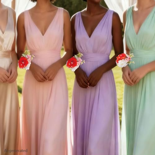 Wrist Corsage and Boutonniere Set, Artificial Rose Corsage Wristlet and Boutonniere for Wedding Prom Party (Red-White, 2pcs Wrist Corsage) - color: Red-white, 2pcs Wrist Corsage