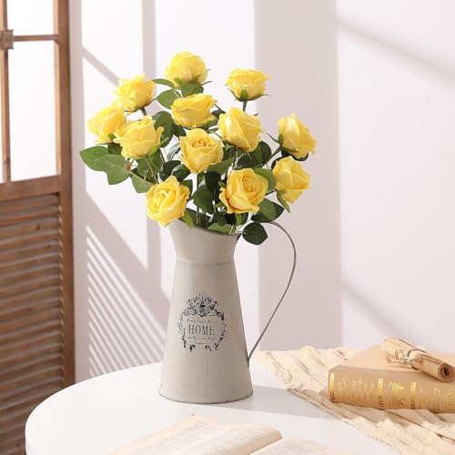 Hawesome 12PCS Artificial Flowers Fake Roses, Realistic Velvet Long Stem Red Roses Bouquet for Wedding Centerpiece Home Decor Party & Valentines (Yellow) - color: Yellow