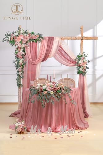 TINGE TIME Wedding Arch Flowers Kit - Deluxe 5pcs Artificial Floral Swag with 3 Sheer Drapes, Realistic Silk Flower Arrangements for Wedding Ceremony Arbor Backdrop Reception Party Home Decor - color: Dusty Rose & Cream