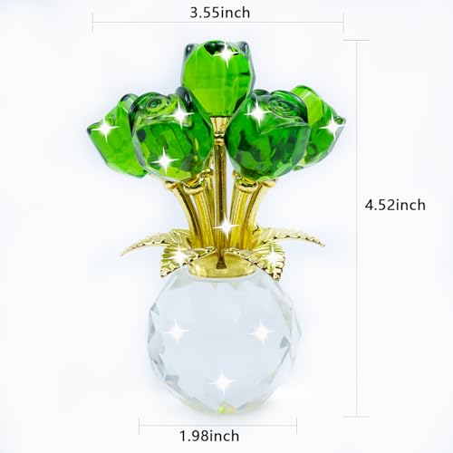 TWINKLING Crystal Roses Figurine with Round Vase, Glass Rose Crystal Flowers Bouquet, Birthday, Anniversary,Wedding, Home Décor,Gold Leaf (Green) - color: Green(gold Leaf)
