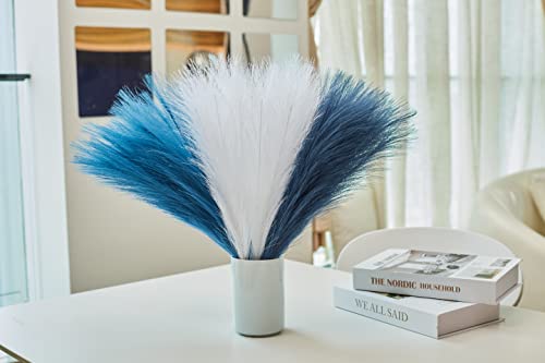 Faux Pampas Grass, 18"/45cm Artificial Pampas Grass Fluffy 6 Stem pompous Grass Flower Arrangement for Boho Home Wedding Decoration - color: Blue & White & Indigo