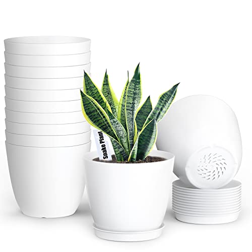 SwinDuck Plant Pots, 12 Pack 6 inch Modern Plastic Planters with Drainage Holes and Saucers for Indoor Outdoor Plants and Flowers, White - color: White