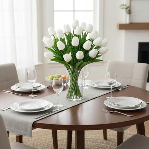 White Artificial Tulips Real Touch Fake Flowers, 20 Pcs PU Faux Tulips 13.5", Realistic Tulip Bouquet for Wedding Centerpiece Spring Home Kitchen Dining Table Vase Decoration Easter Floral - color: White