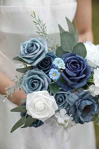 Artificial Flowers Dusty Blue Rose Flowers Combo for DIY Wedding Bouquets Centerpieces Arrangements Party Baby Shower Home Decorations(Retro Dusty Blue) - color: Retro Dusty Blue