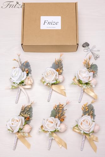 Fnize Champagne Boutonniere for Men, 6 Pcs Groom Groomsmen Boutonnieres, Artificial Flowers for Wedding Prom Homecoming - color: Champagne