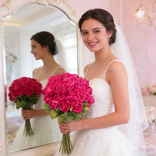 36 Pcs Hot Pink Rose Artificial Flowers Velvet Bouquet with Long Stem Real Touch Fake Roses Florals for Bridal Wedding Bouquet Party Arrangement Centerpiece Decorations - color: Hot Pink