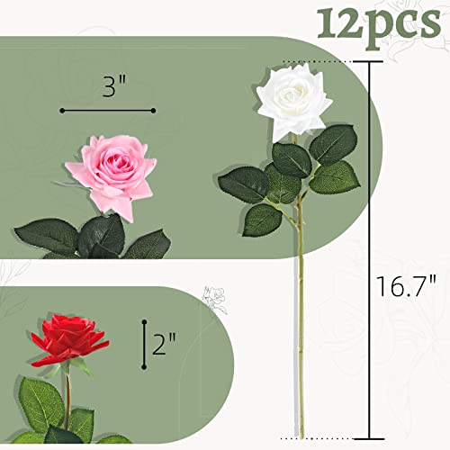 ZMZQ&flw Roses Artificial Flowers 12PCS, White Red Pink Mix Real Touch Silk Flowers, Realistic Single Fake Flower with Individual Stems Leaves - color: Mixed Colors 12pcs