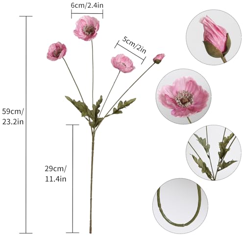 IPOPU Pink Artificial Poppy Silk Flowers 6pcs for Decoration - Faux Flowers With Stems for Wedding Centerpieces, Tables, Bridal Shower Party Decorations - color: Pink