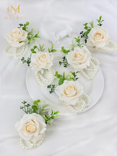 Wrist Corsage for Wedding(Set of 6),Artificial Champagne Rose Eucalyptus Pearls Wristband Corsages for Bride Bridesmaids Wedding, Women Mother Wrist Flower for Prom Party Anniversary Decor - color: Champagne-c Wrist Corsage 6pcs
