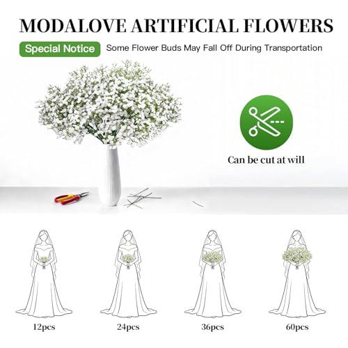36 Pcs Babys Breath Artificial Flowers, White Artificial Flowers Bouquet, Faux Flower, Fake Gypsophila Bulk in Vase Floral Decor for Centerpieces Wedding Brides