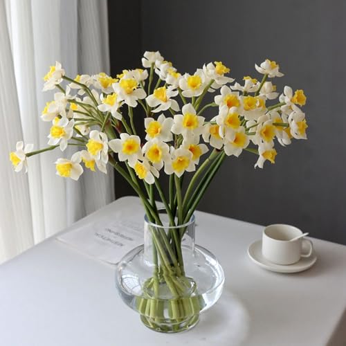XIYUAN 6 Bundles Daffodils Artificial Flowers 20inch Lifelike Real Touch Narcissus Spring Flowers PU Fake Daffodil Flower Home Indoor Outdoor Wedding Table Party Decor (White)