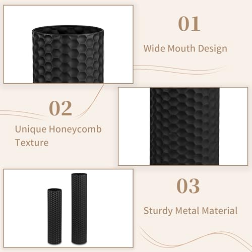 Sziqiqi Black Cylinder Tall Floor Vase: 27.6/21.7in Metal Extra Large Decorative Vase Set of 2 Living Room Modern Honeycomb Texture Big Standing Vase for Dining Bedroom Home Corner Indoor Office - color: Black